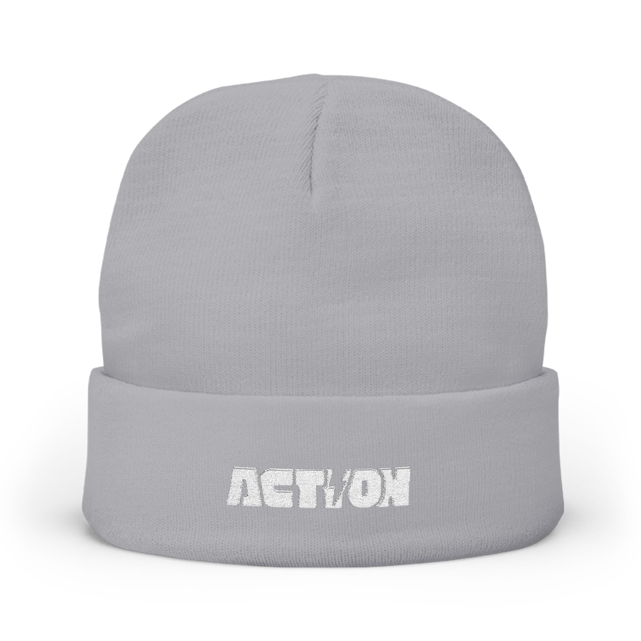 Action Embroidered Knit Beanie — Minimal Script Winter Hat