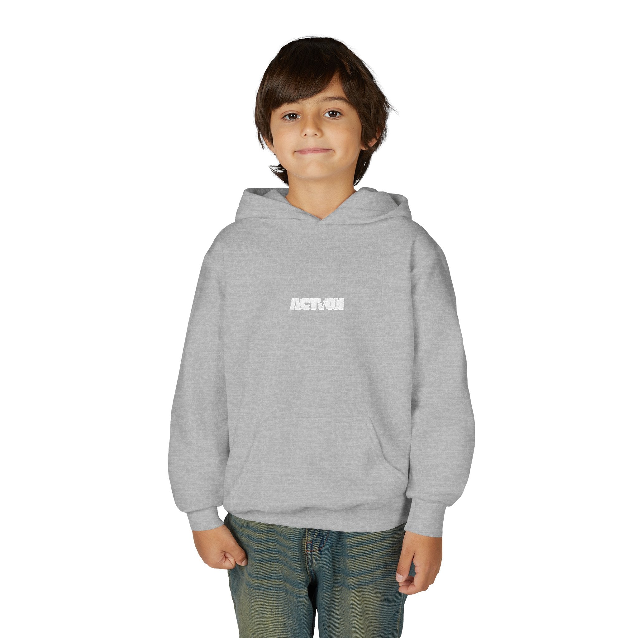 Youth Hoodie — Minimal White Kids Pullover with Subtle Center Logo
