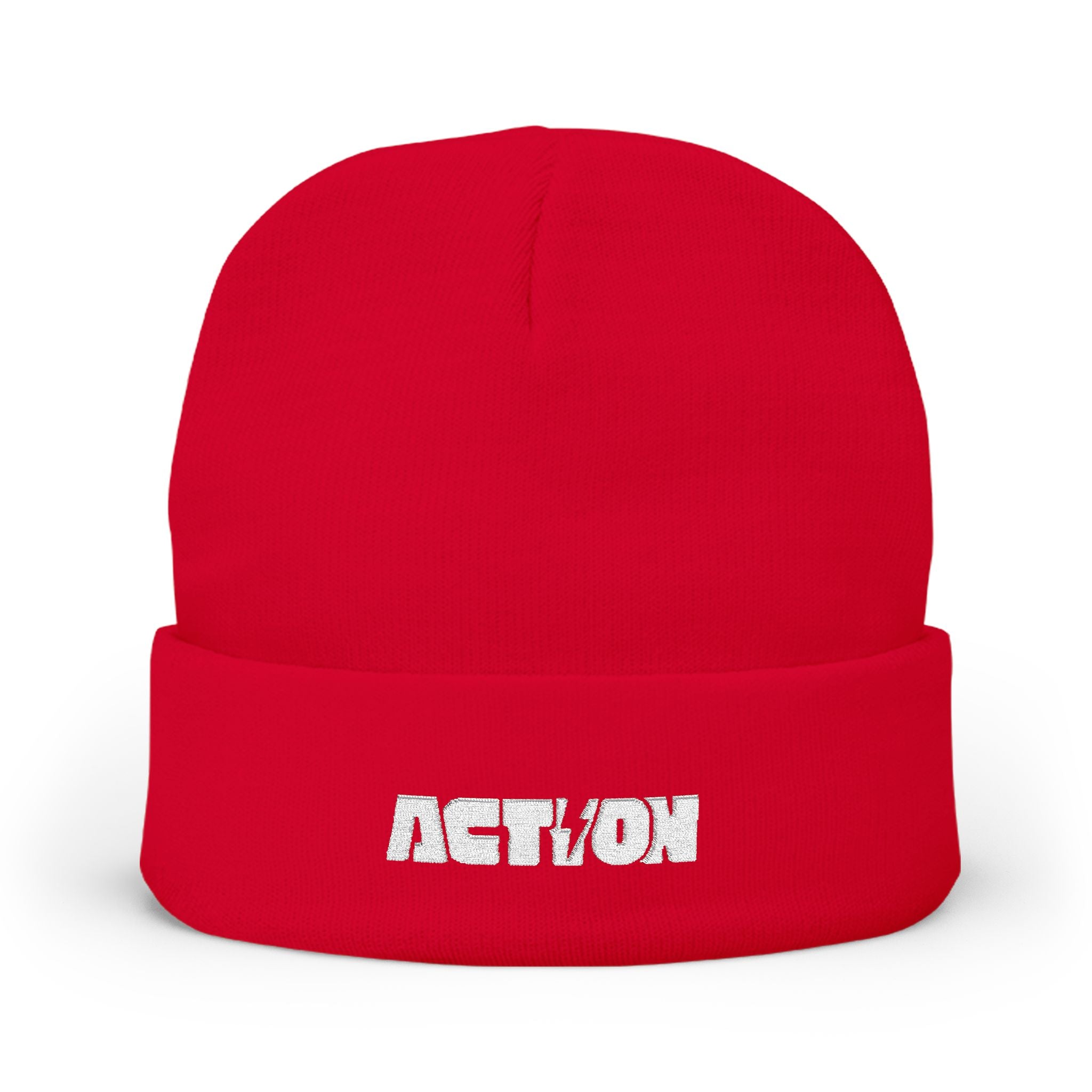 Action Embroidered Knit Beanie — Minimal Script Winter Hat