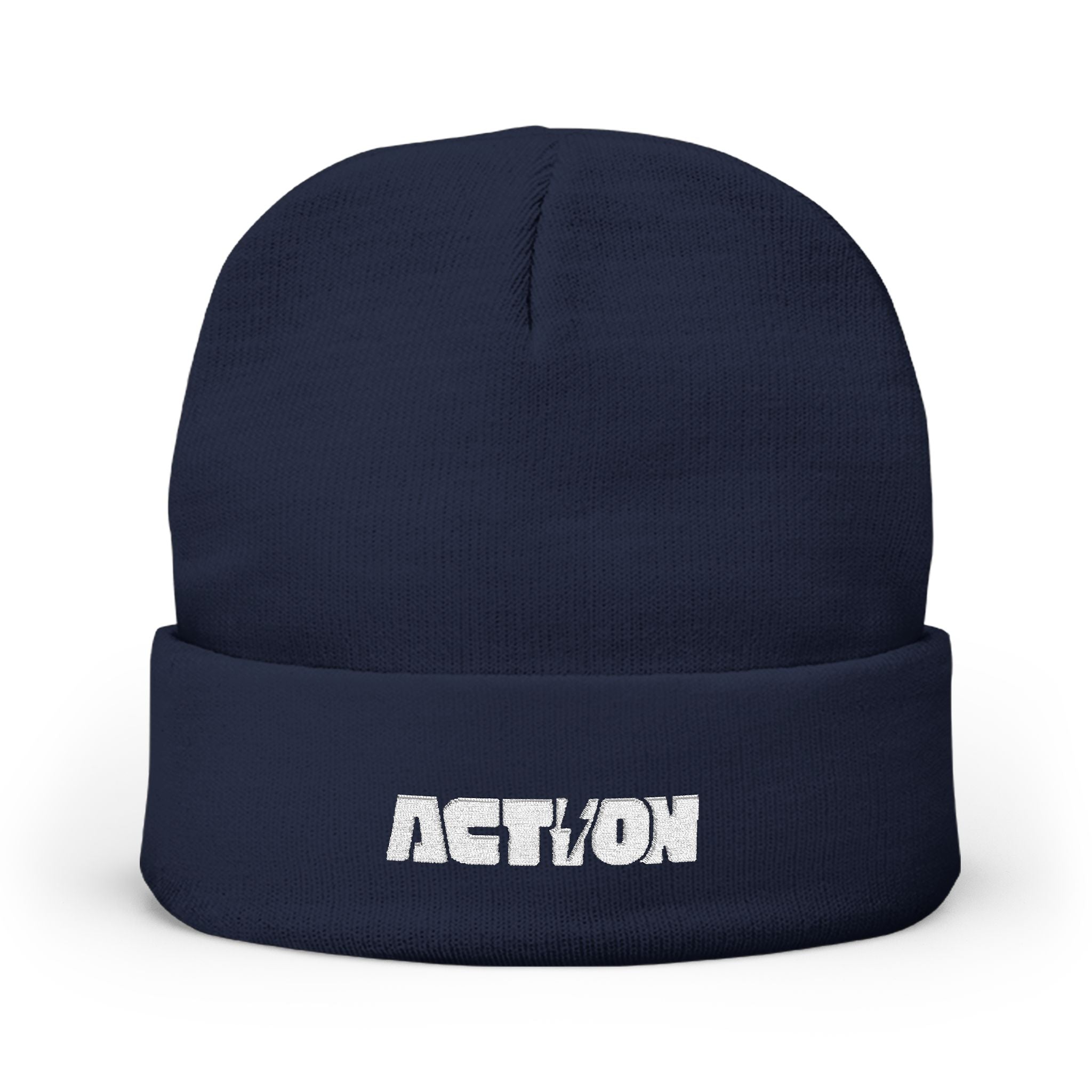 Action Embroidered Knit Beanie — Minimal Script Winter Hat