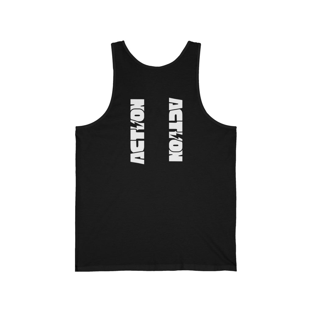 Action Graphic Tank Top — Bold Vertical Stencil Text Muscle Shirt
