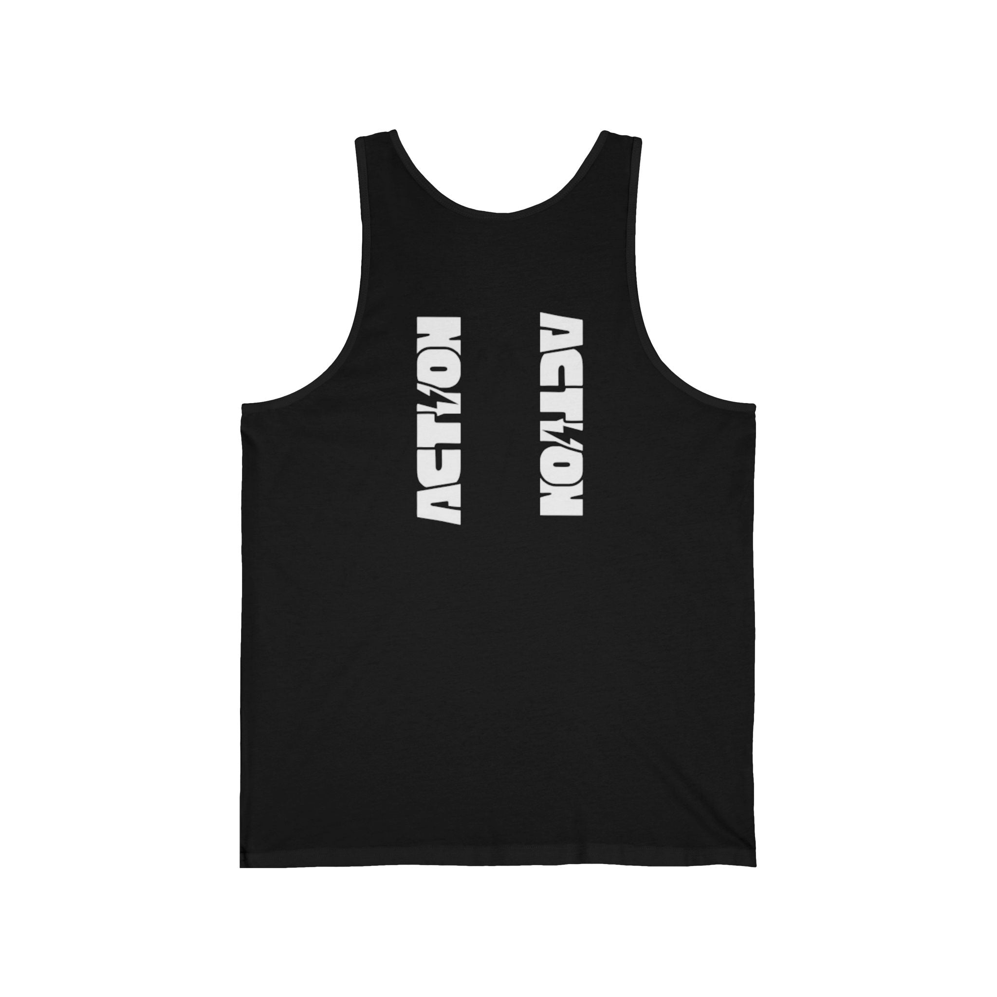 Action Graphic Tank Top — Bold Vertical Stencil Text Muscle Shirt