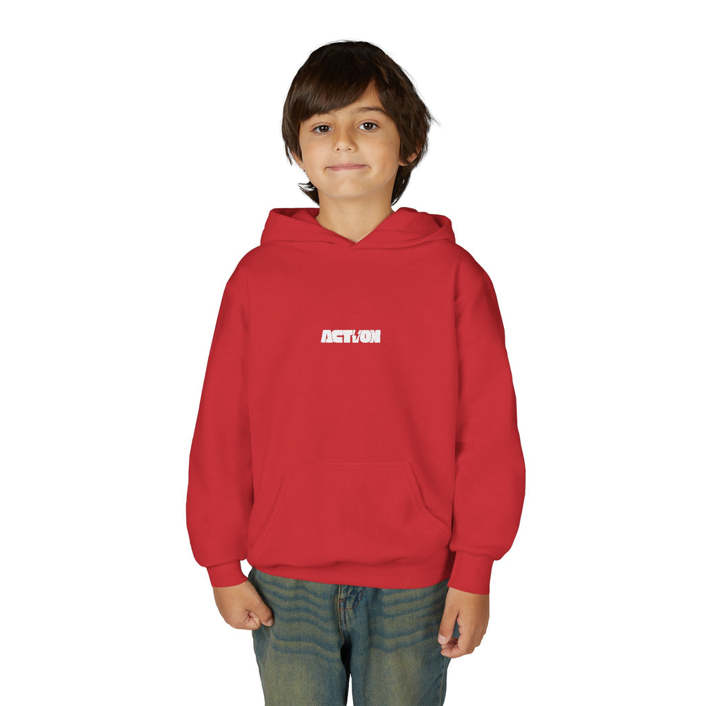 Youth Hoodie — Minimal White Kids Pullover with Subtle Center Logo