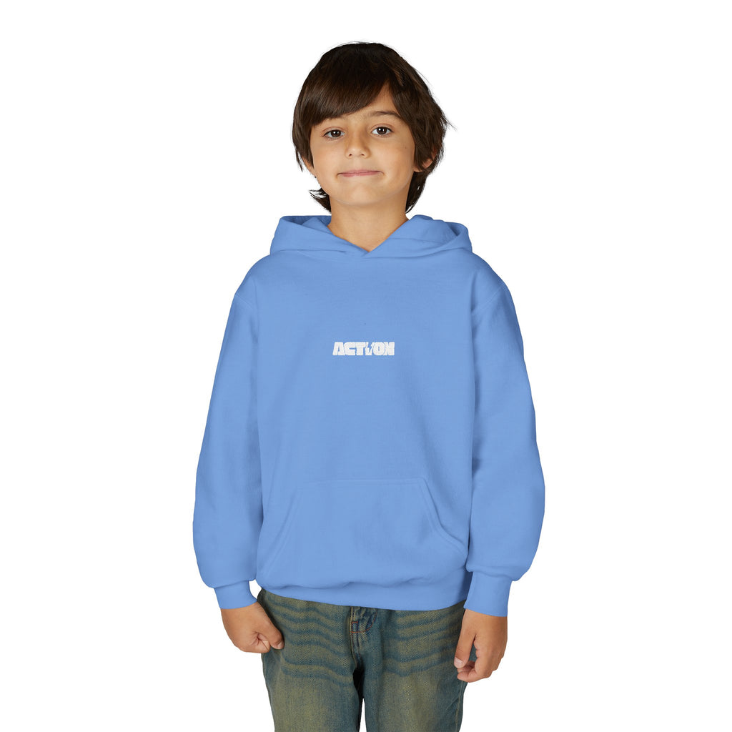 Youth Hoodie — Minimal White Kids Pullover with Subtle Center Logo