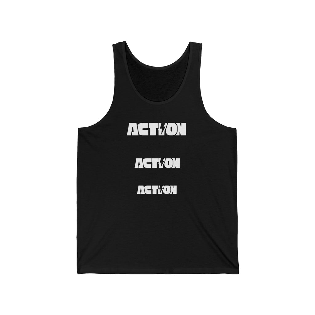 Action Graphic Tank Top — Bold Vertical Stencil Text Muscle Shirt
