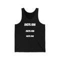 Action Graphic Tank Top — Bold Vertical Stencil Text Muscle Shirt