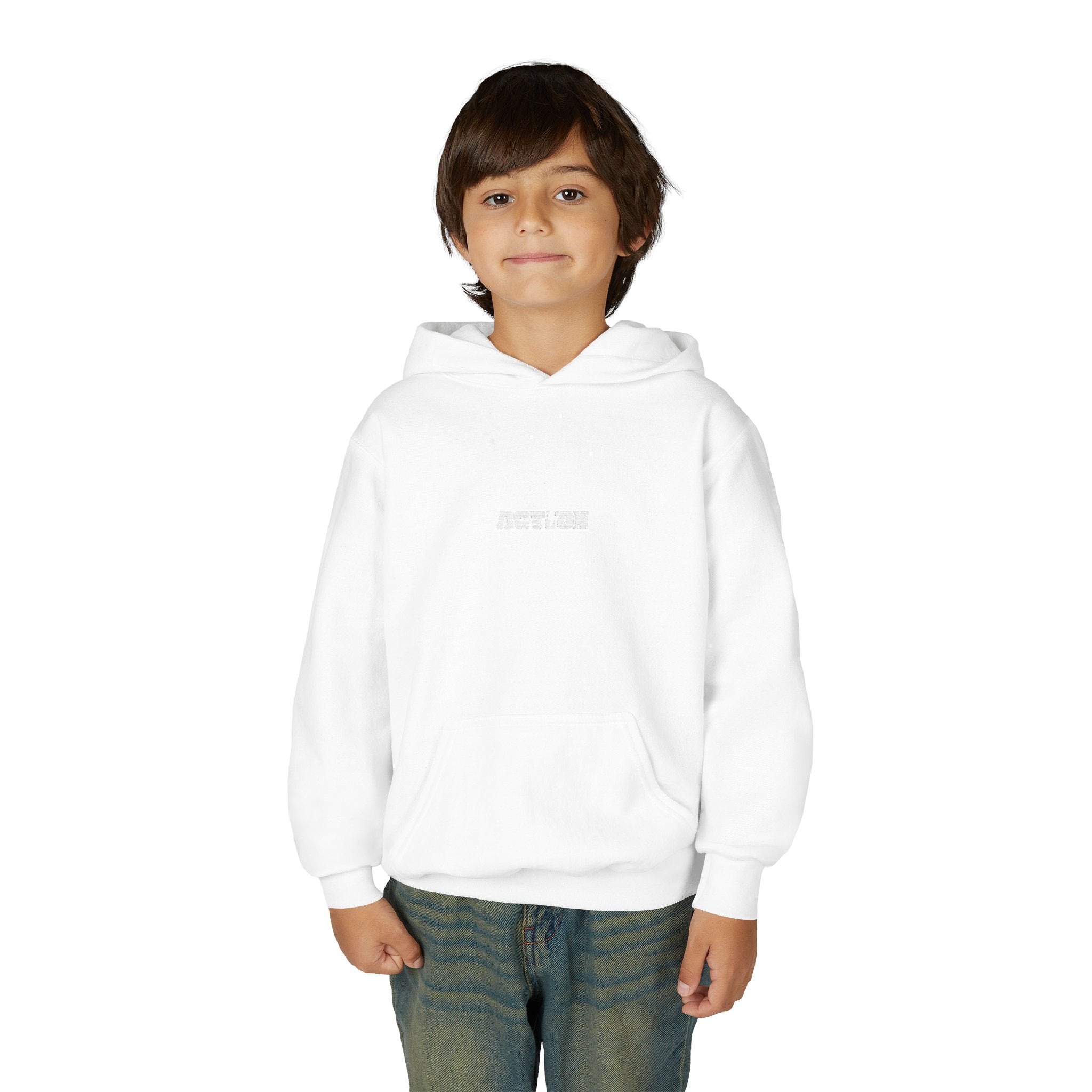 Youth Hoodie — Minimal White Kids Pullover with Subtle Center Logo