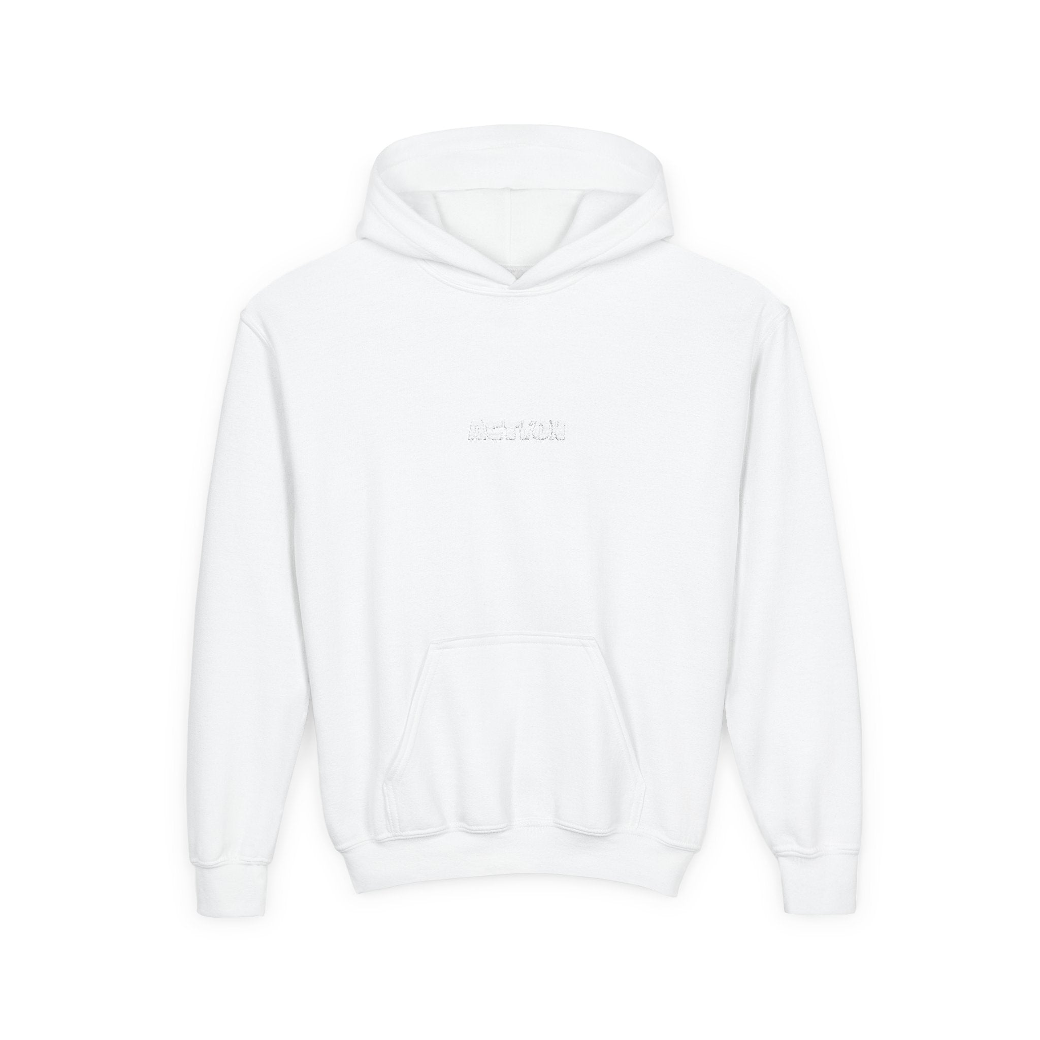 Youth Hoodie — Minimal White Kids Pullover with Subtle Center Logo
