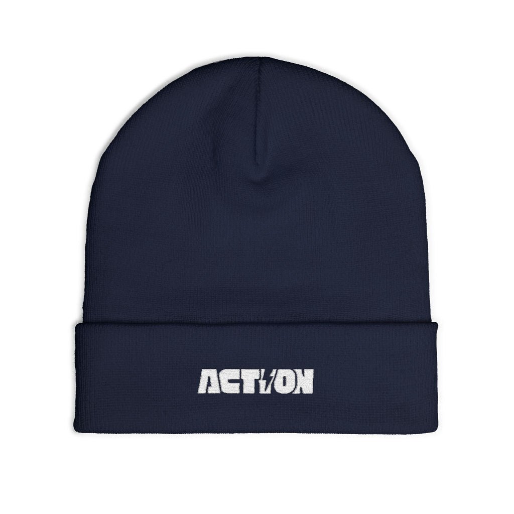 Action Embroidered Knit Beanie — Minimal Script Winter Hat