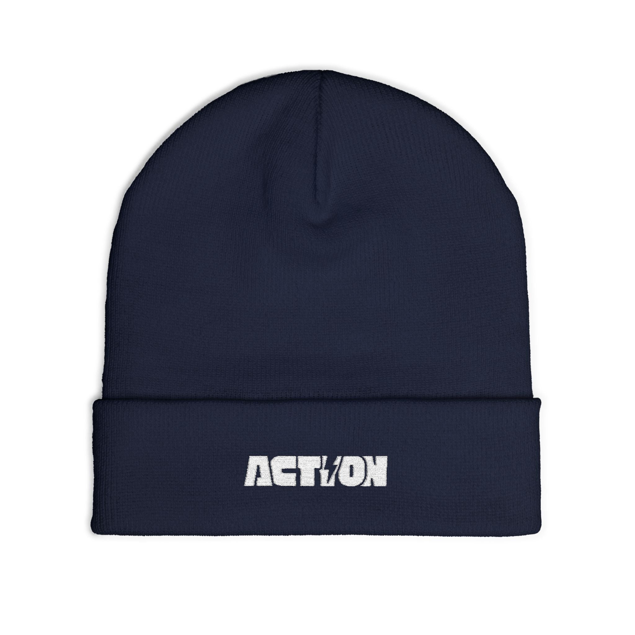 Action Embroidered Knit Beanie — Minimal Script Winter Hat