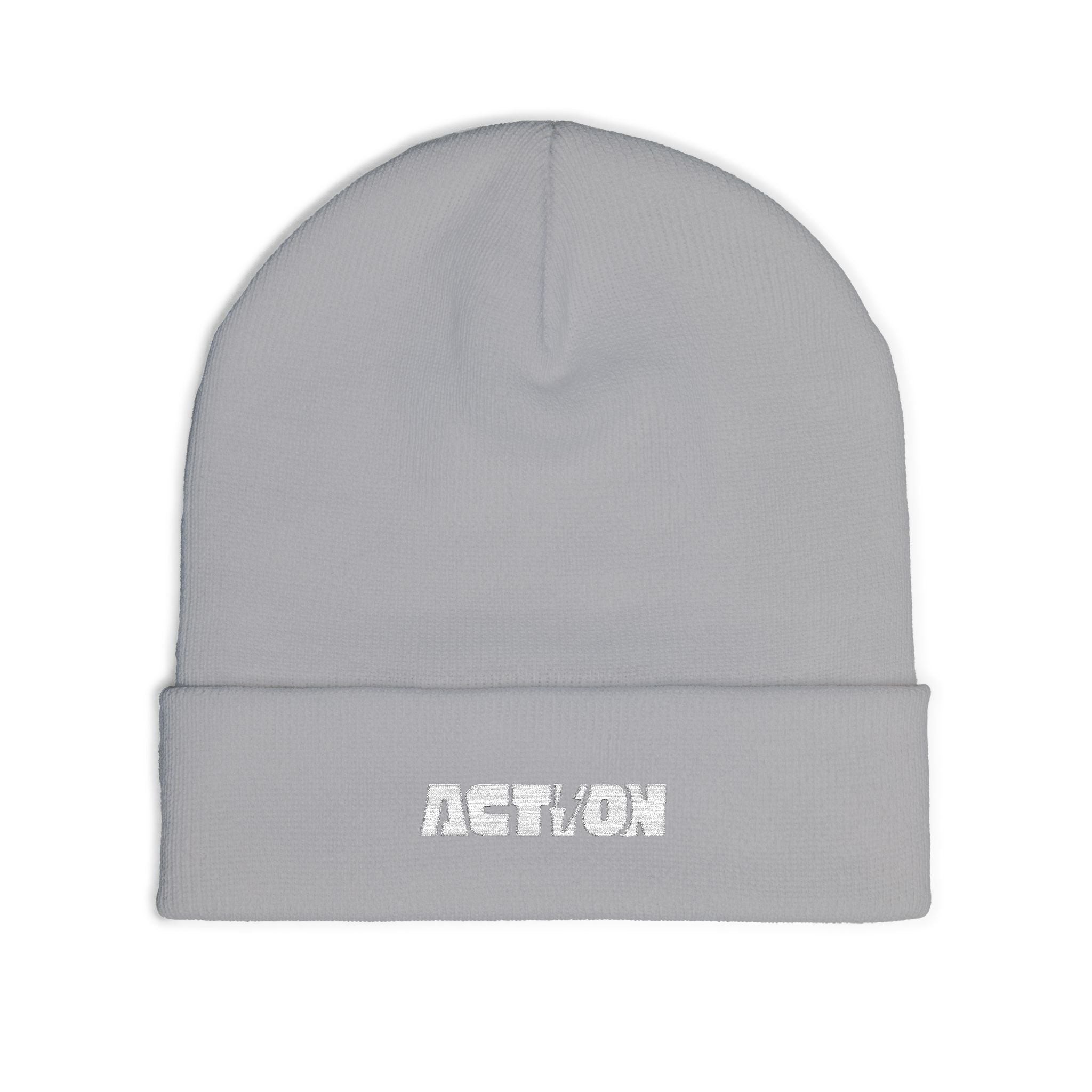 Action Embroidered Knit Beanie — Minimal Script Winter Hat