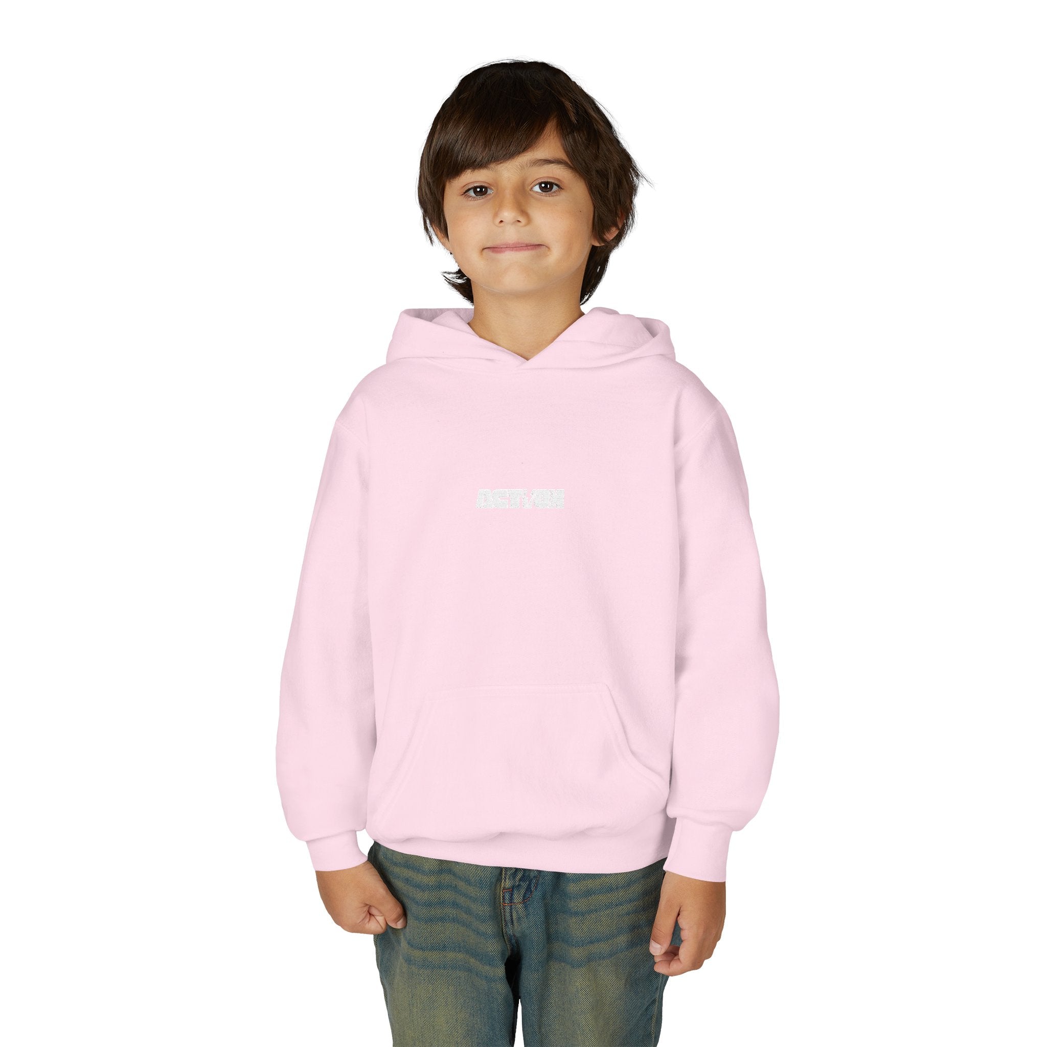 Youth Hoodie — Minimal White Kids Pullover with Subtle Center Logo
