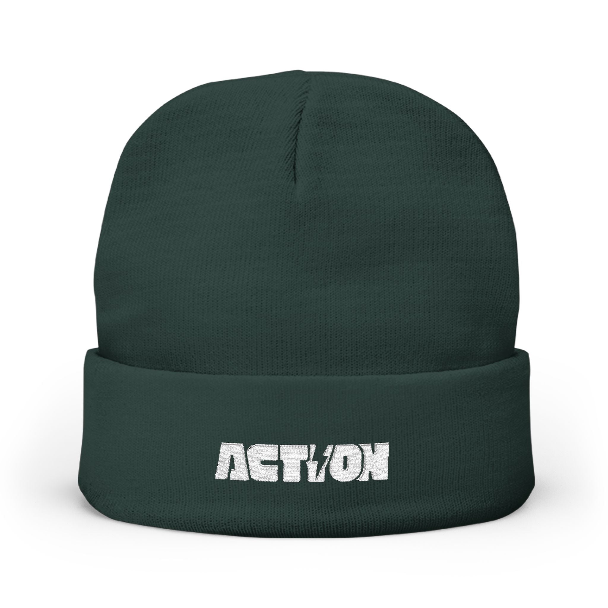 Action Embroidered Knit Beanie — Minimal Script Winter Hat