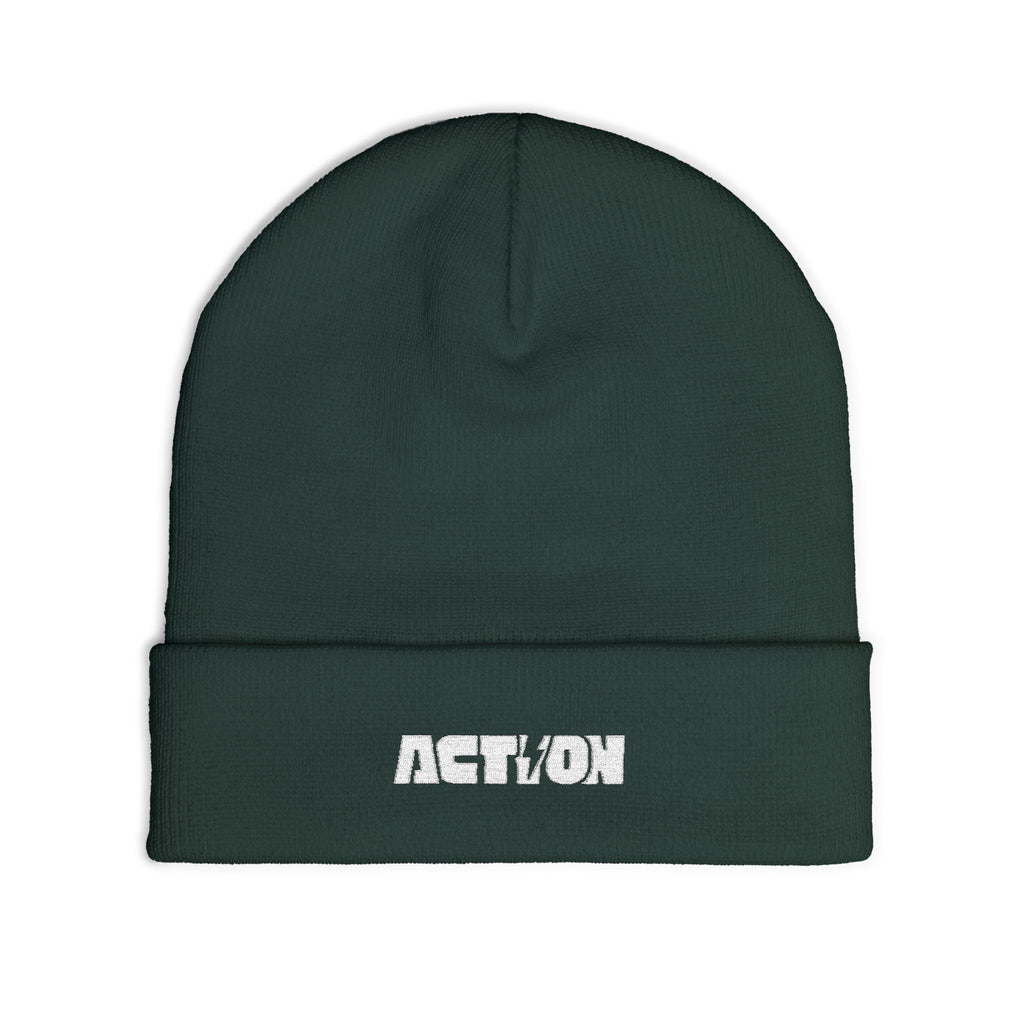Action Embroidered Knit Beanie — Minimal Script Winter Hat