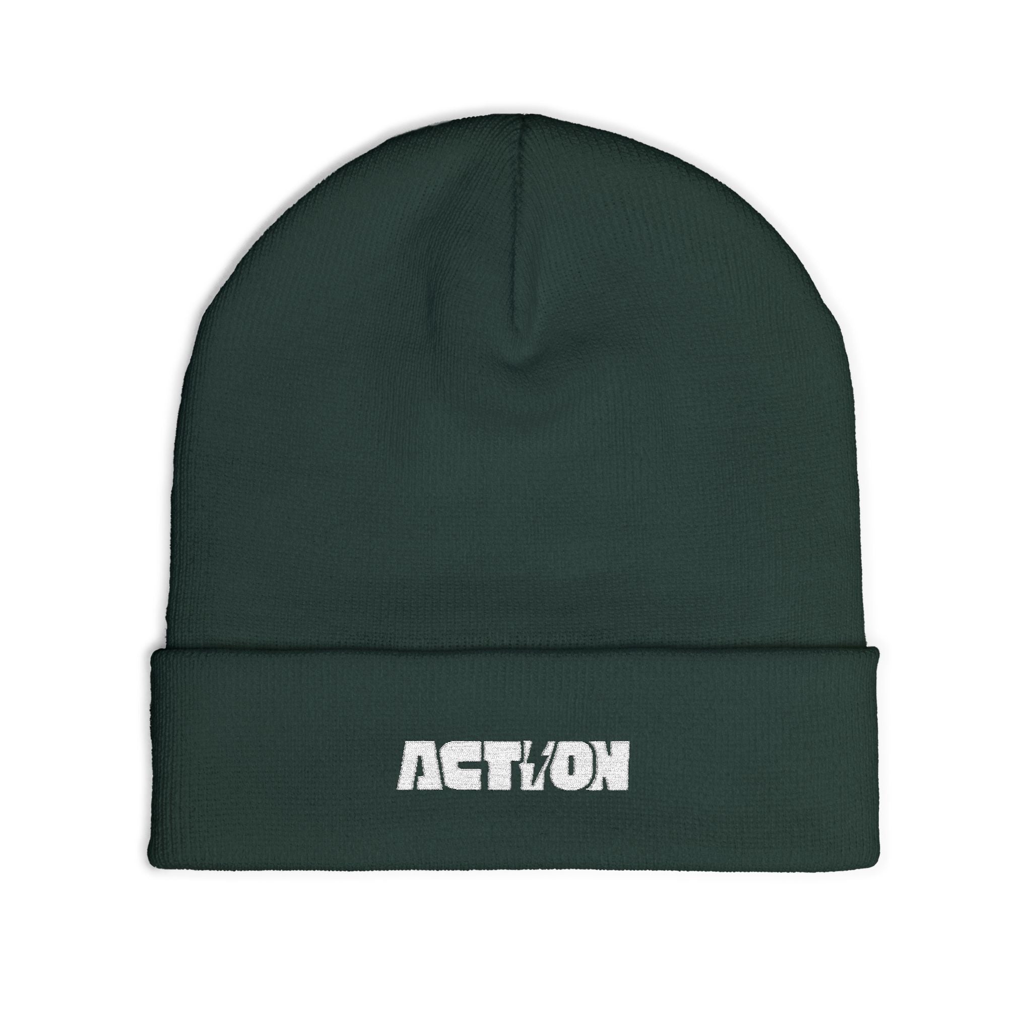 Action Embroidered Knit Beanie — Minimal Script Winter Hat