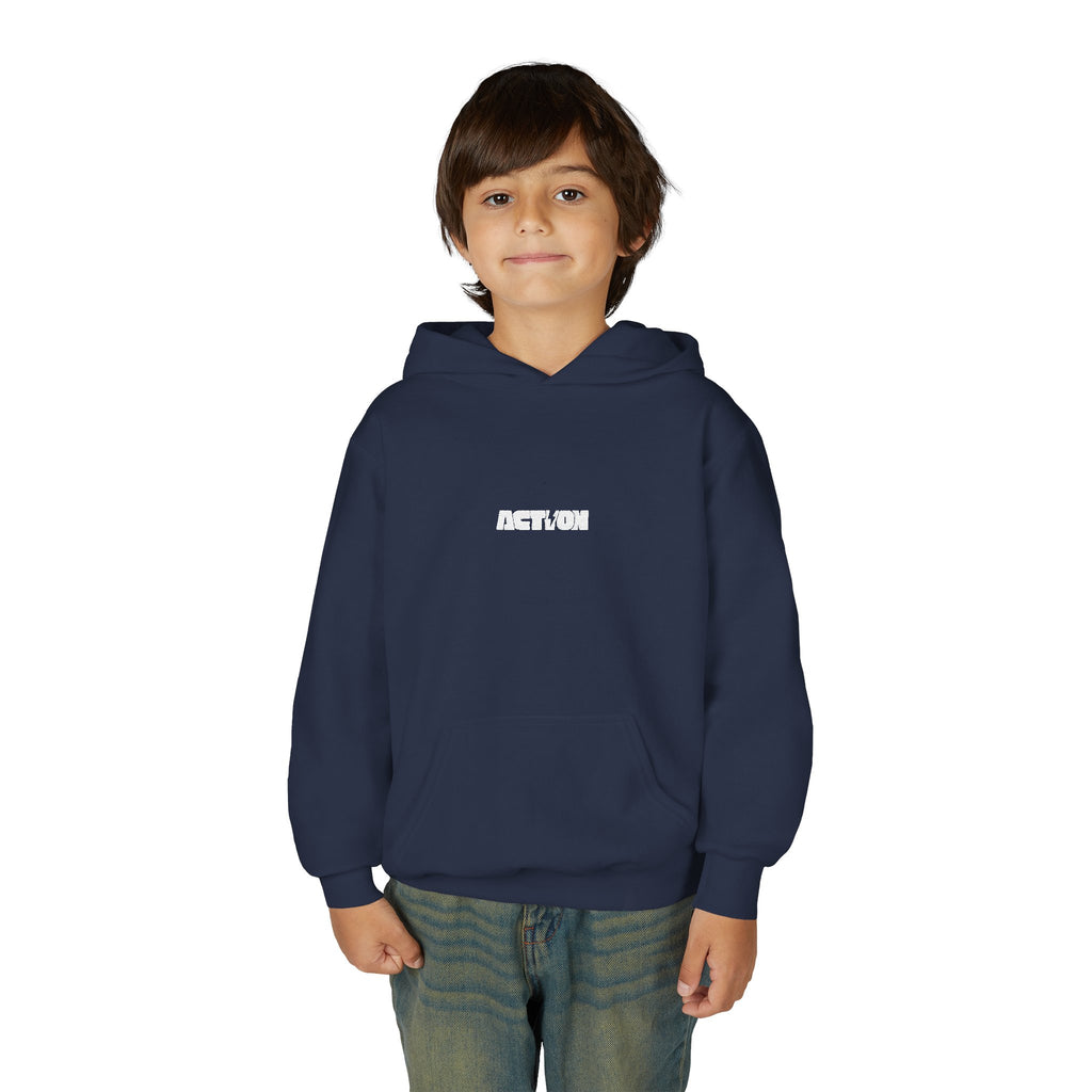 Youth Hoodie — Minimal White Kids Pullover with Subtle Center Logo