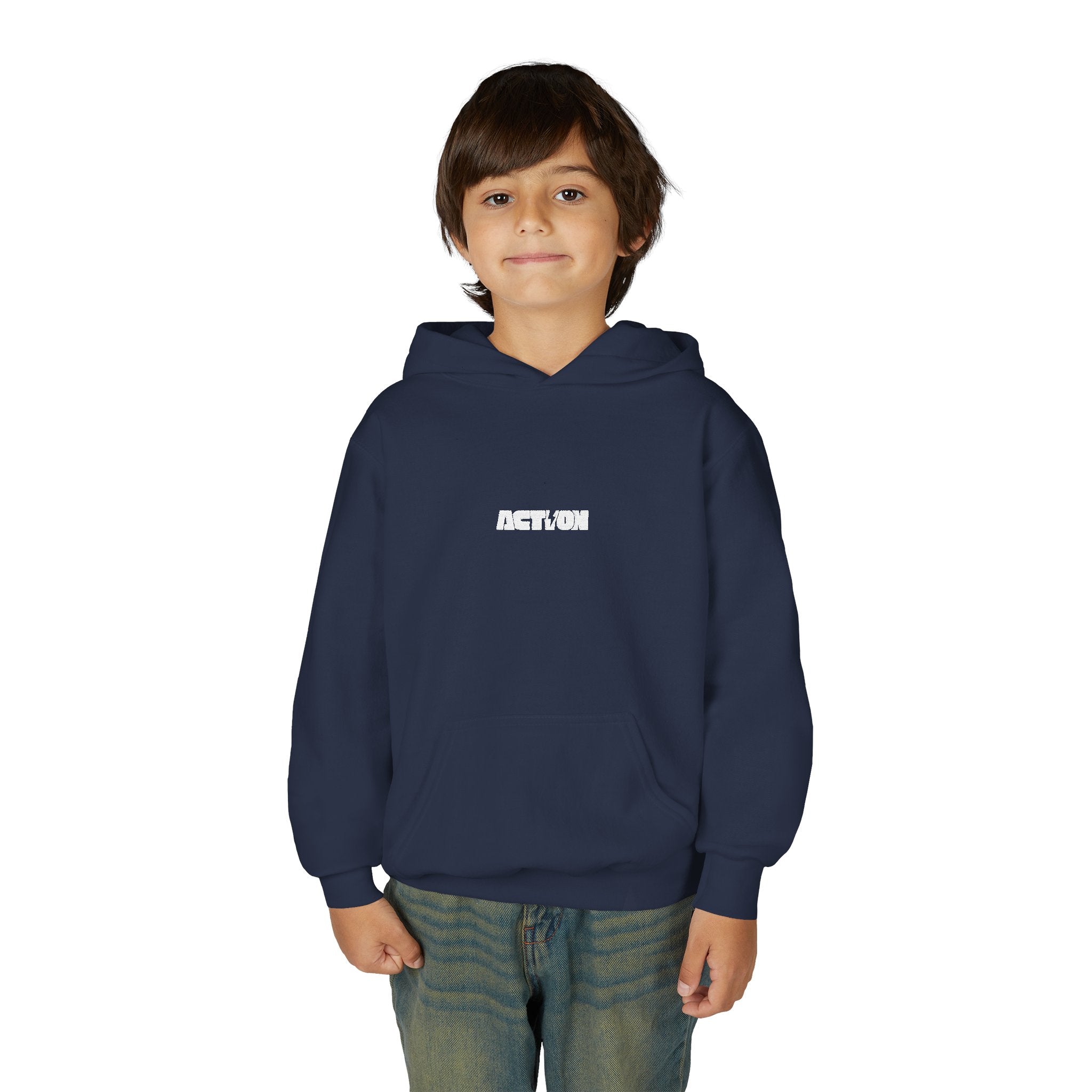Youth Hoodie — Minimal White Kids Pullover with Subtle Center Logo