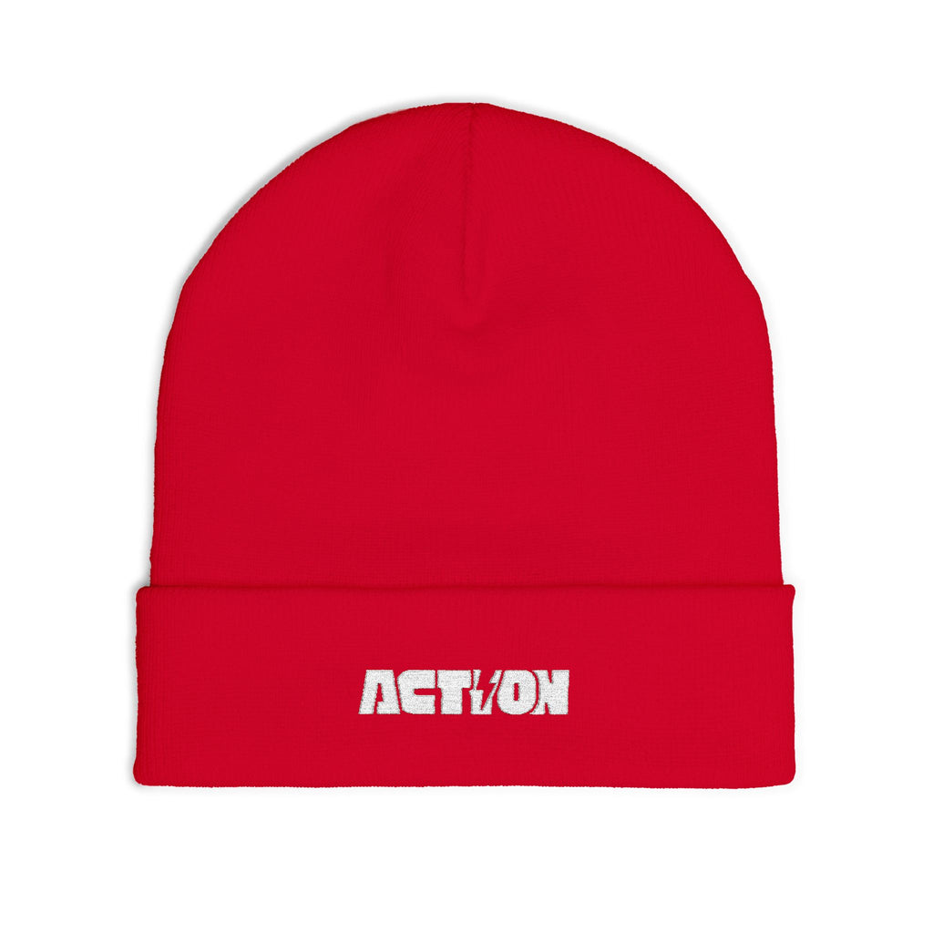 Action Embroidered Knit Beanie — Minimal Script Winter Hat